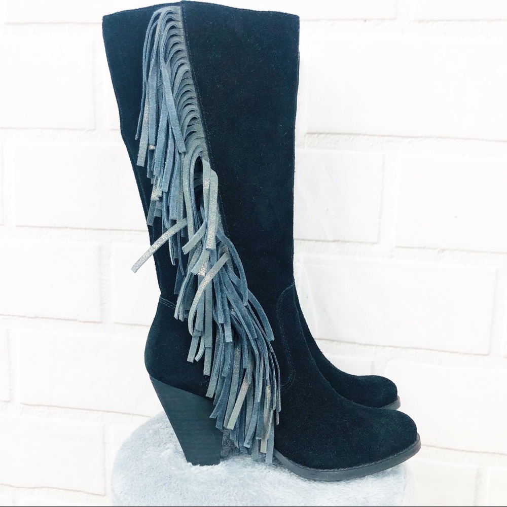 Reba Cowgirly  Distressed Suede Fringe Mid Calf